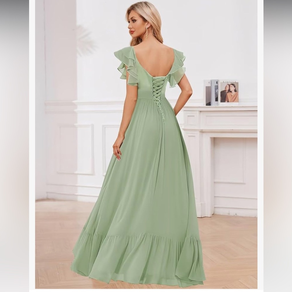 NWT Dusty Blue Chiffon Bridesmaid Maxi Dress Slit Ruffle Sleeve Size 4 - Picture 4 of 4